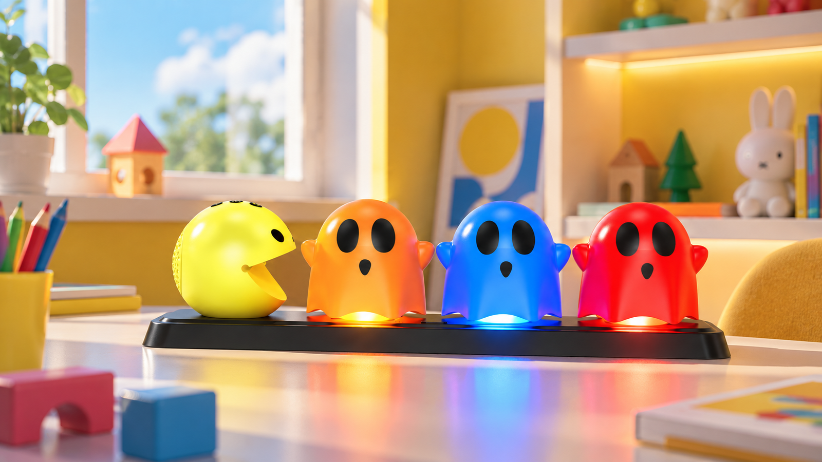 Four colorful character ambient lights glowing on a unified base in a bright room