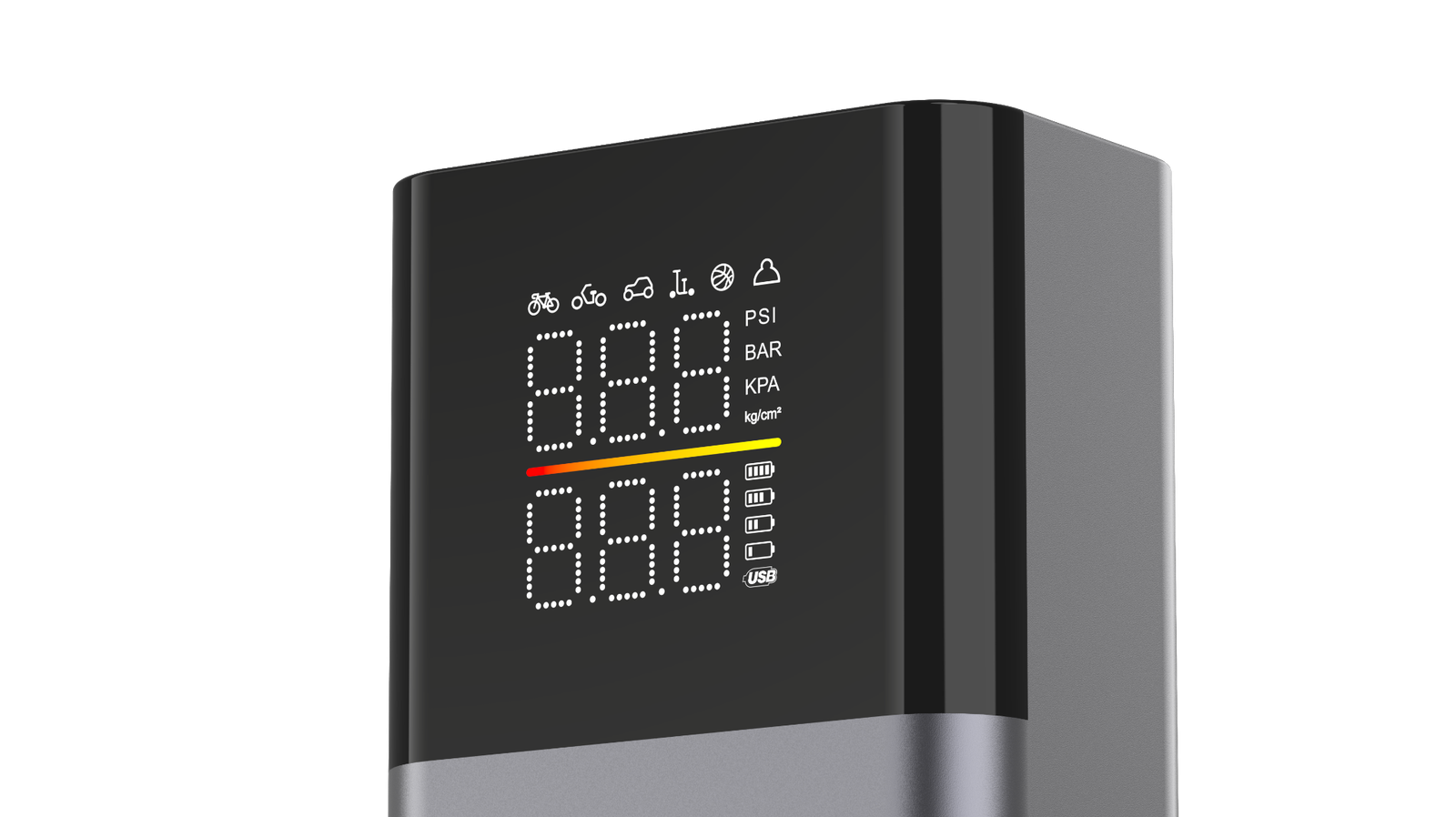 High-contrast pressure, mode and status display on the CQB-E9 inflator