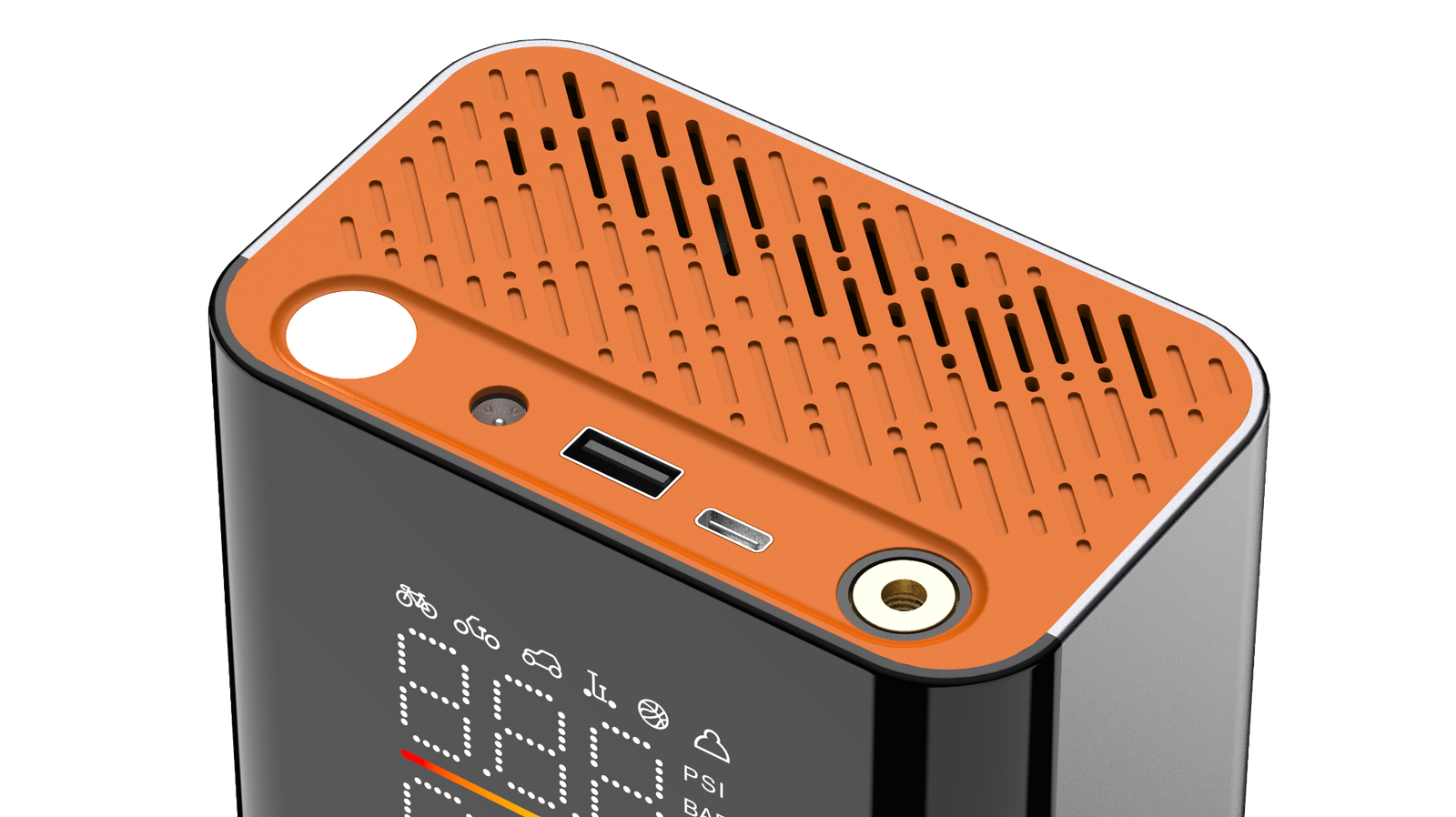 Close-up of the orange upper functional zone with air connection, USB ports, light and ventilation