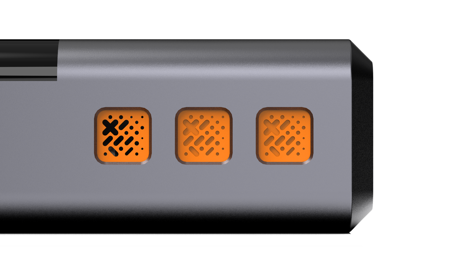 Close-up of three orange side air-intake grilles on the CQB-E9 inflator