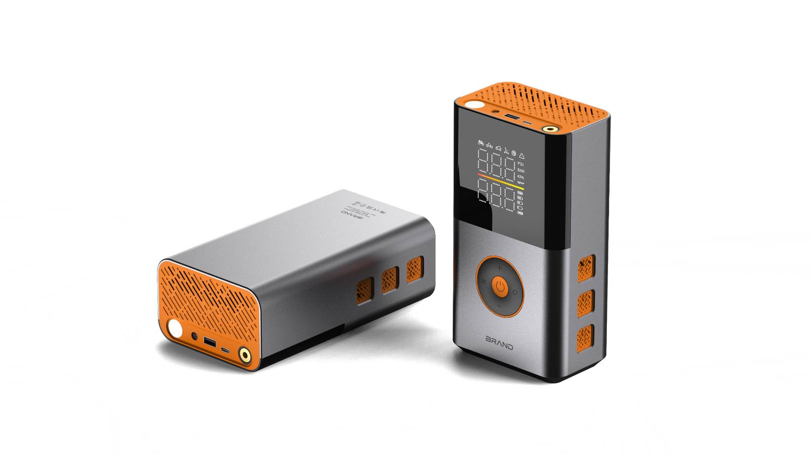Two-view final composition of the CQB-E9 portable smart inflator on white
