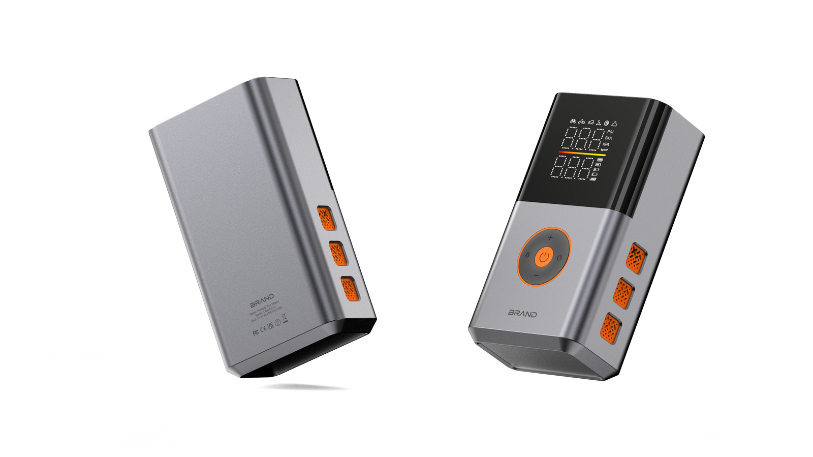 Front and rear views of the compact CQB-E9 smart inflator on white