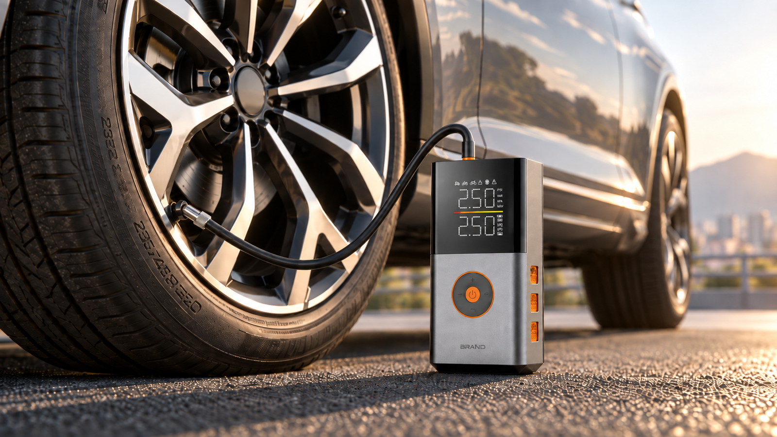 CQB-E9 portable smart inflator connected to a car tire at sunset