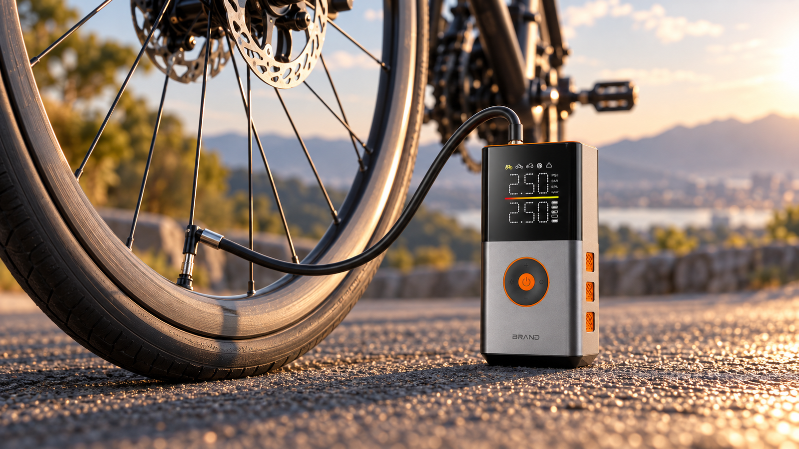 CQB-E9 portable smart inflator connected to a bicycle tire outdoors