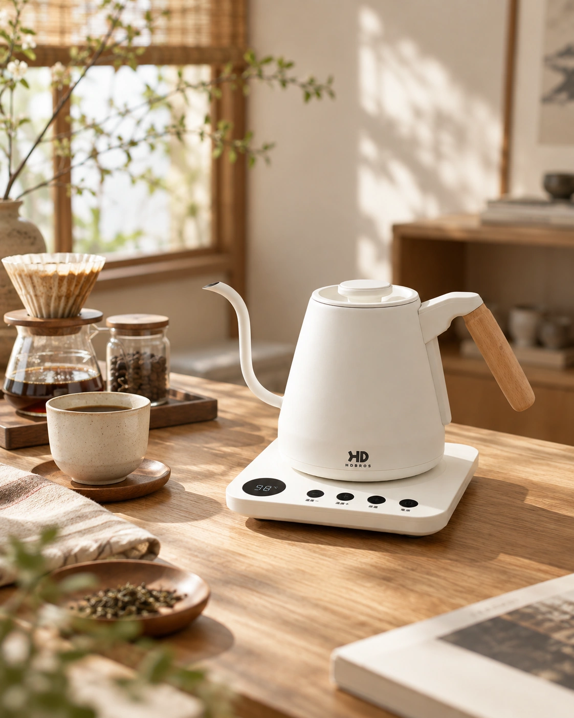White temperature-controlled pour-over kettle in a calm sunlit kitchen