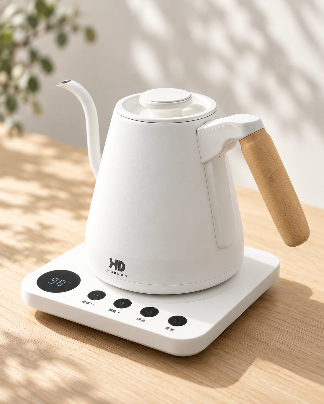 Handle-side view showing the kettle body and angled wooden grip