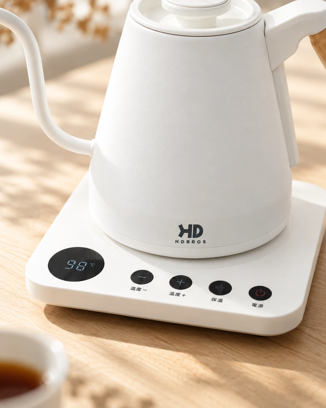 Close detail of the kettle temperature display and complete control row