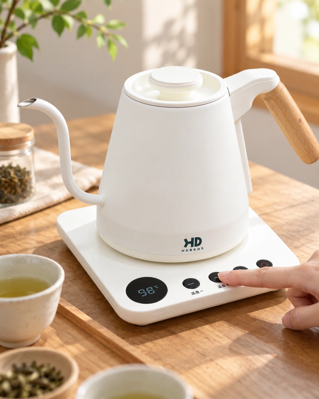 Hand operating the temperature controls on the kettle base