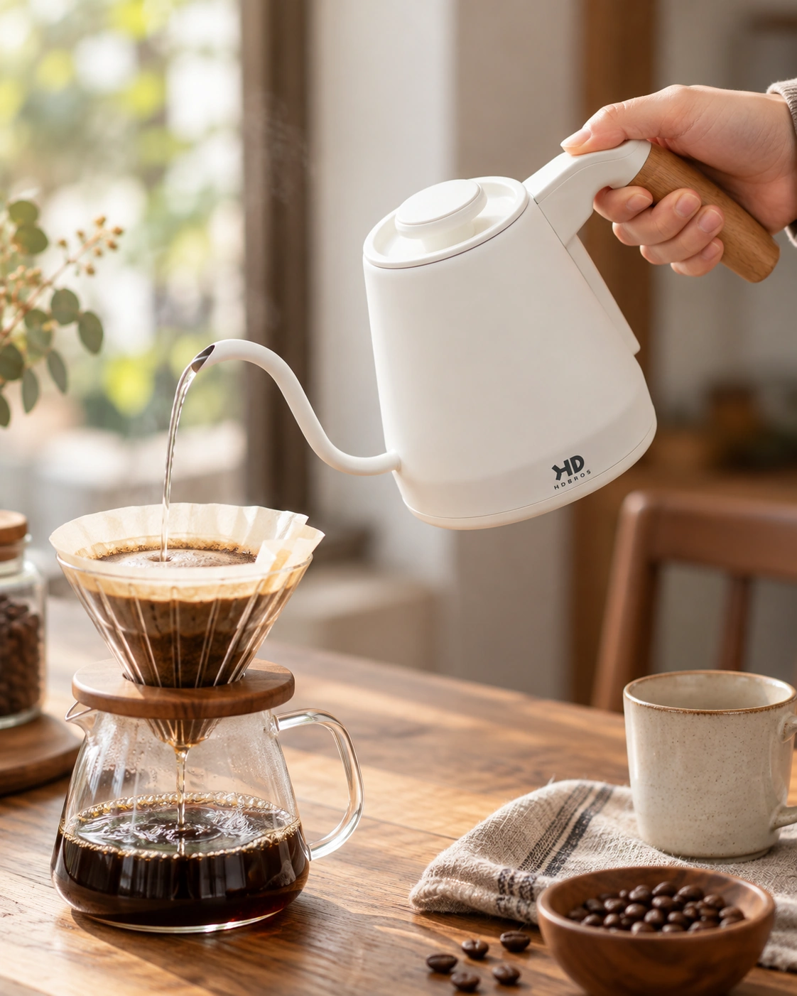 White gooseneck kettle pouring a controlled stream over coffee