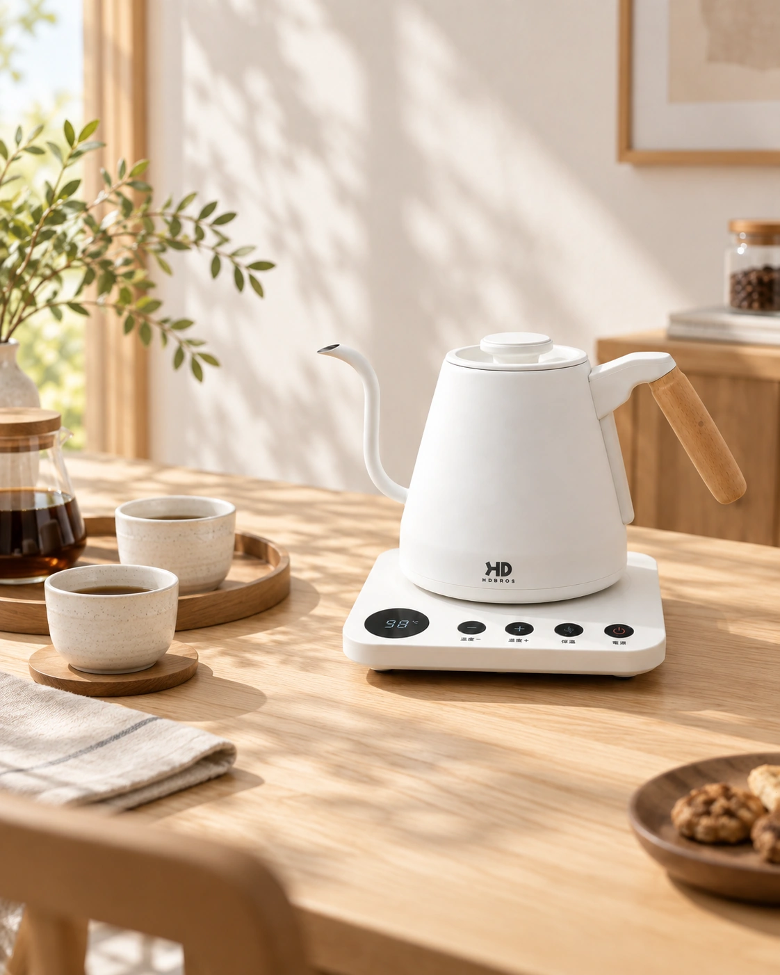Soft white kettle integrated into a light domestic setting