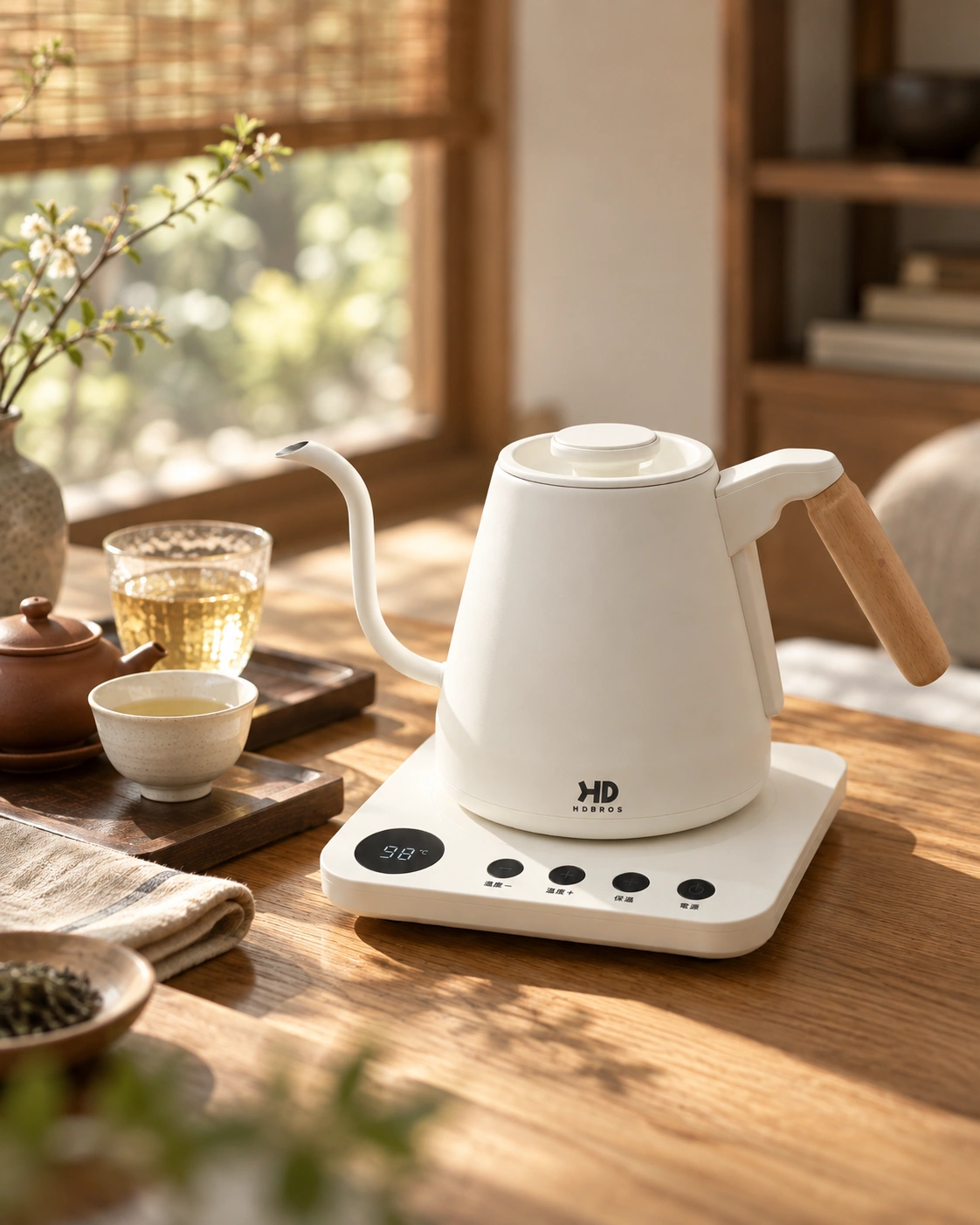 White temperature-controlled kettle in a quiet everyday tea setting