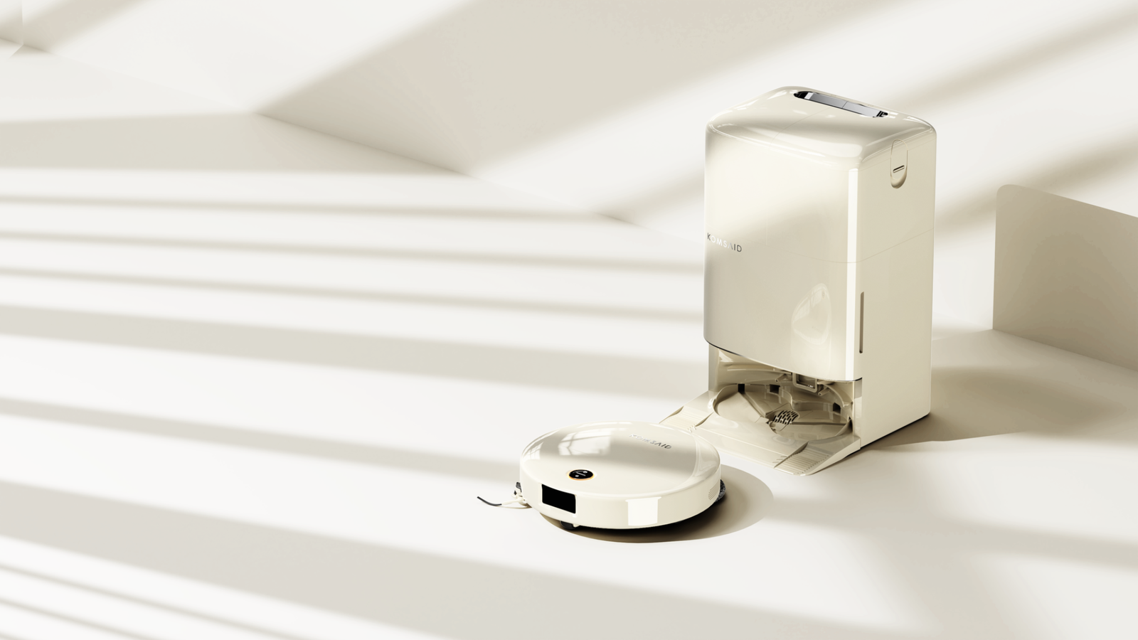 Home cleaning robot and docking station in a warm bright interior