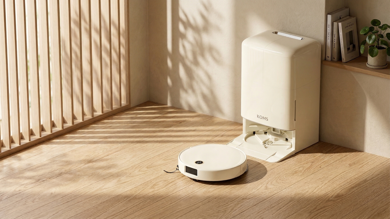 Home cleaning robot system integrated into a warm timber interior