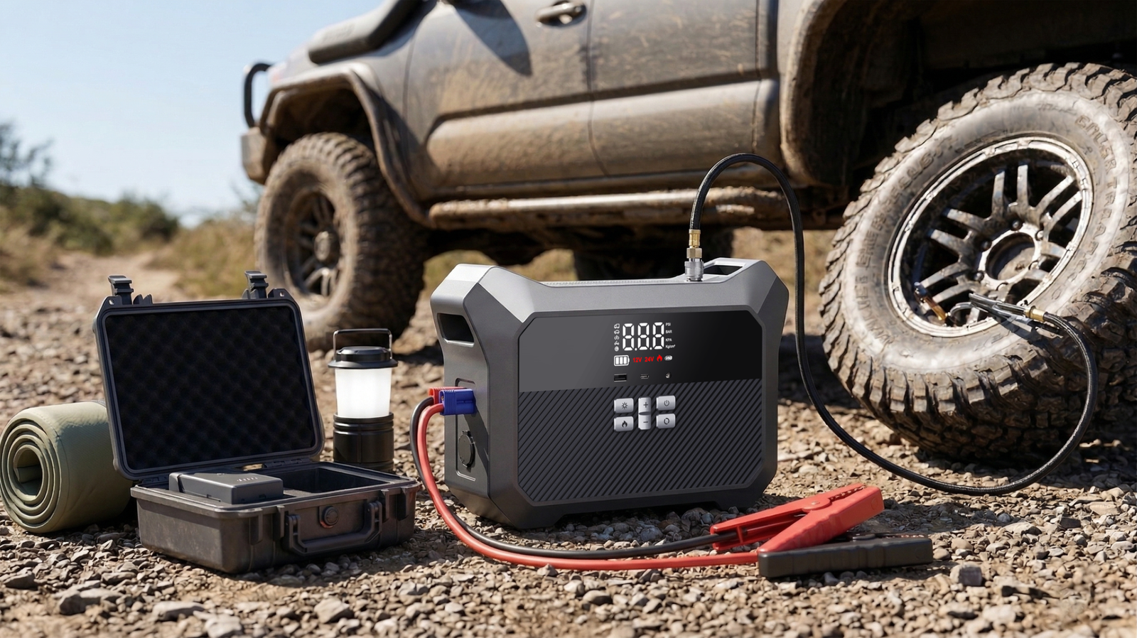 Integrated automotive utility system beside an off-road vehicle with inflation and emergency-start accessories