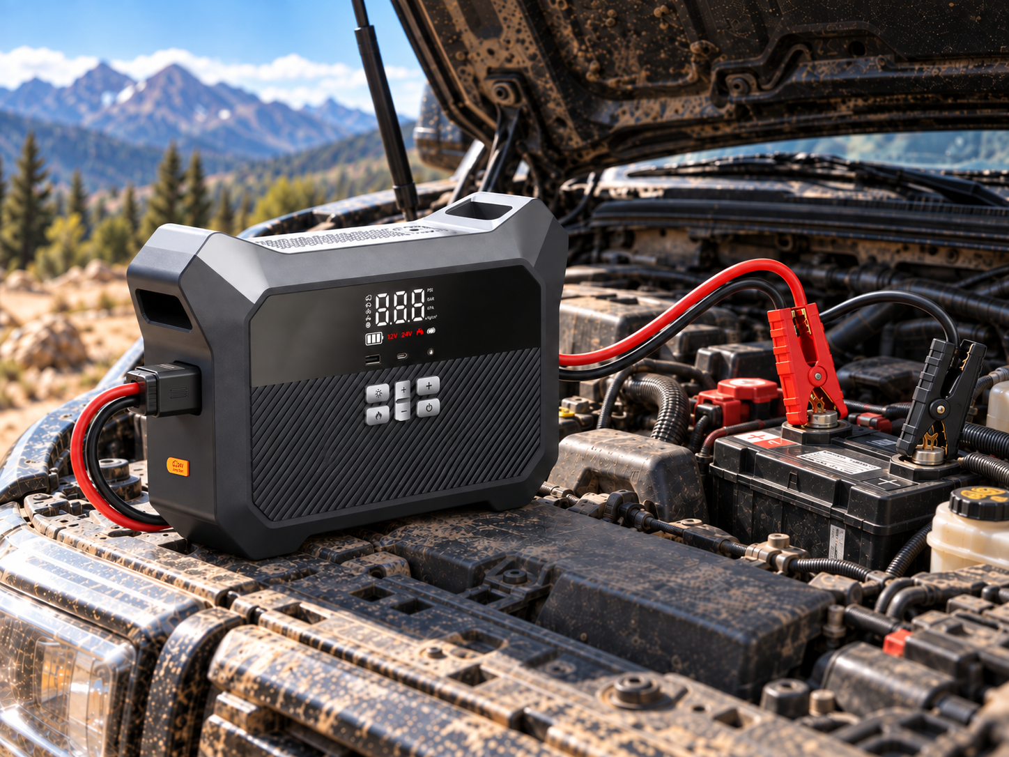 Automotive utility system connected for emergency starting in an engine bay