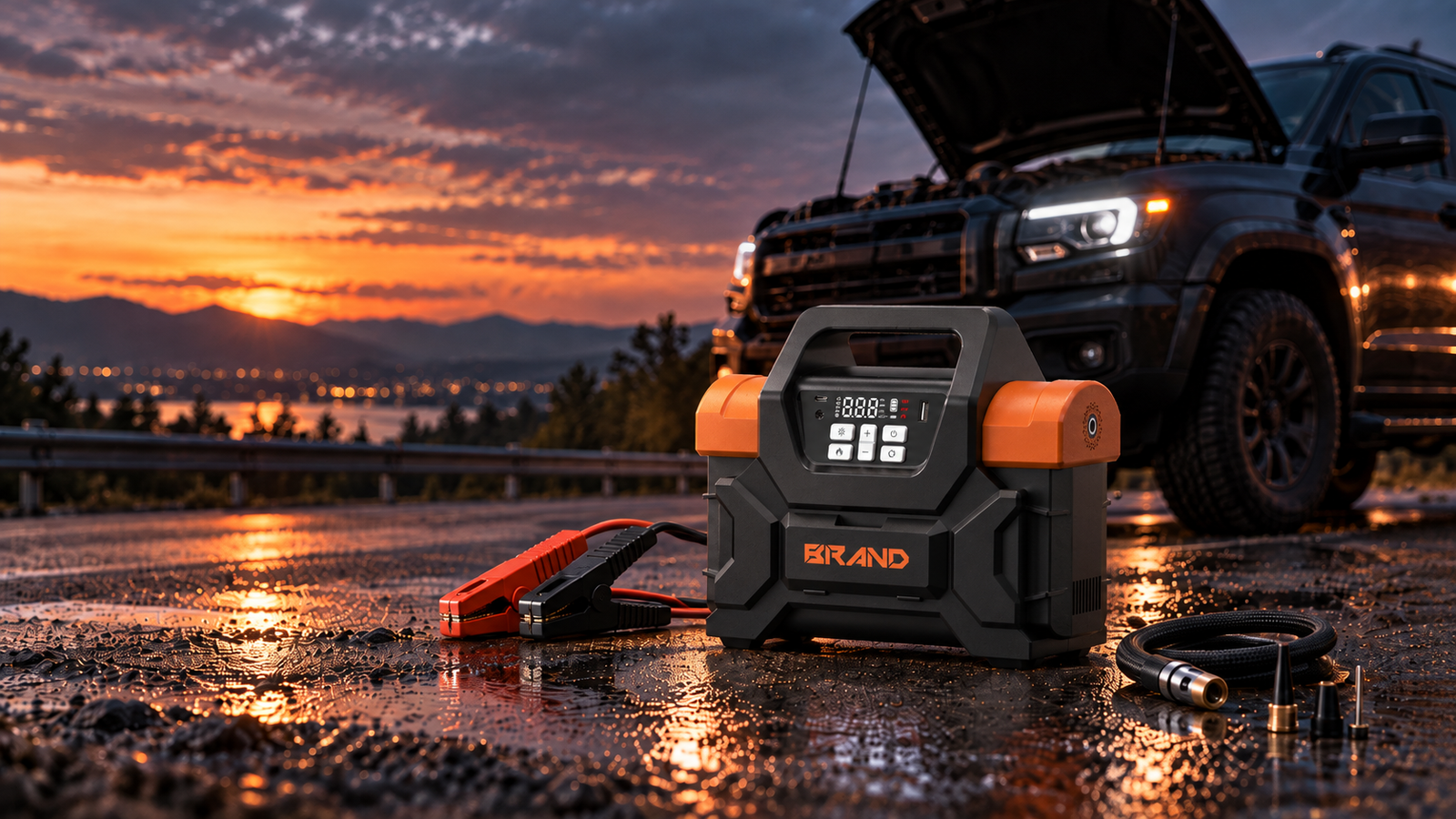 Orange and black automotive emergency utility system beside an off-road vehicle at sunset