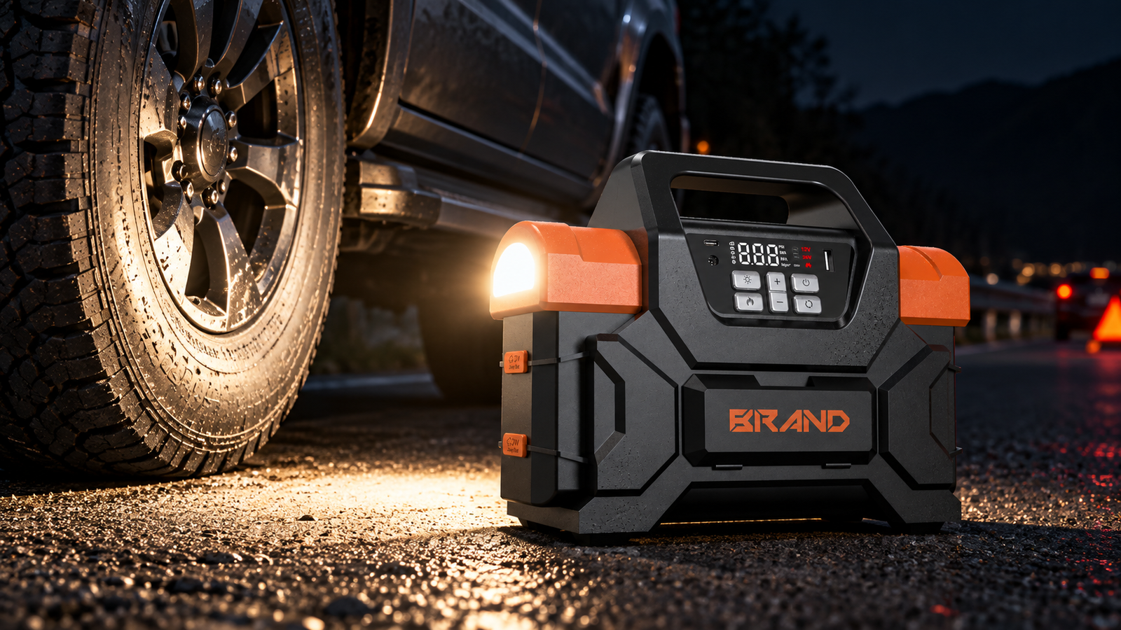 Integrated side work light illuminating an off-road tire at night