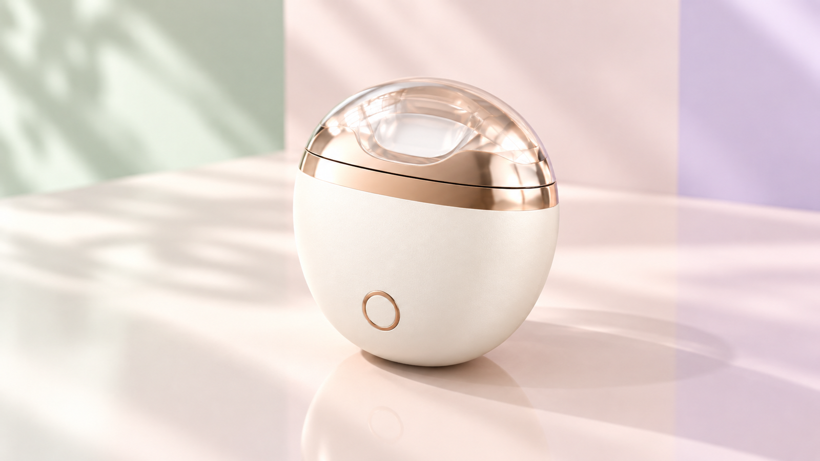 Mousse electric nail clipper in a cream finish with a transparent cover and rose-gold detail
