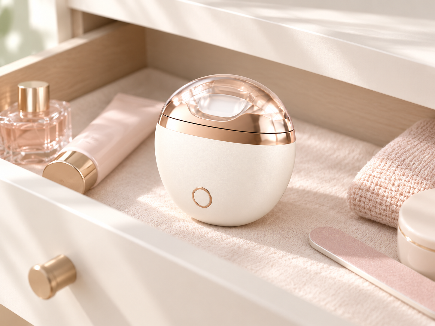 Mousse electric nail clipper stored neatly in an everyday drawer