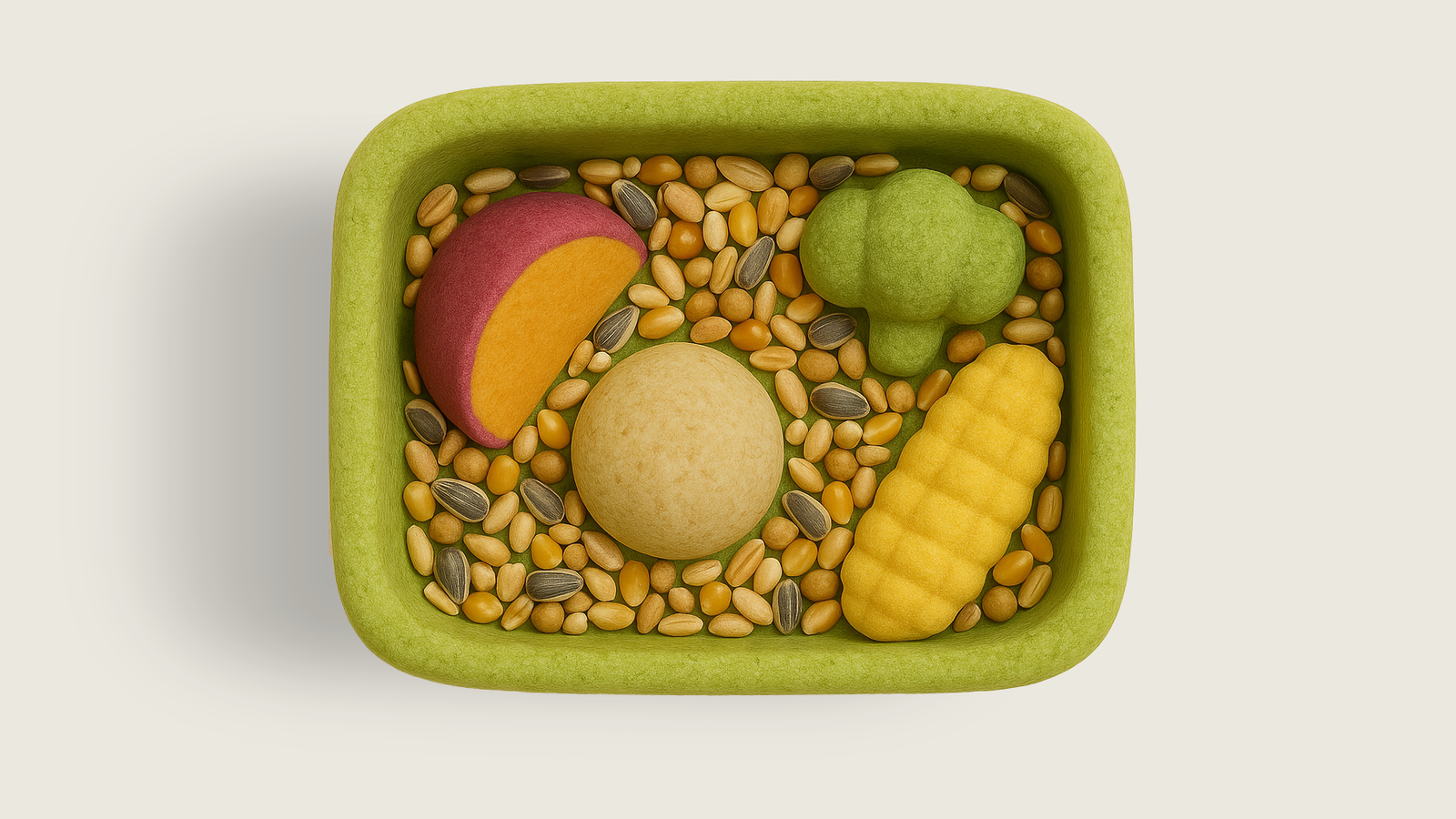 Top view of grain placed in the bento-shaped enrichment feeder