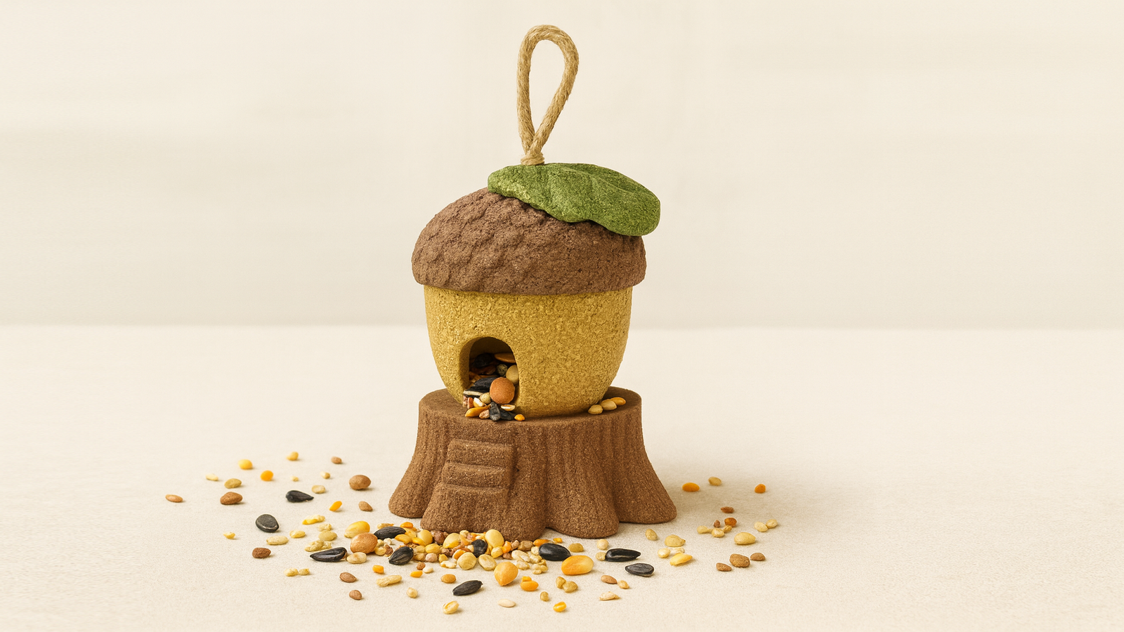 Acorn tree house enrichment product shown with grain