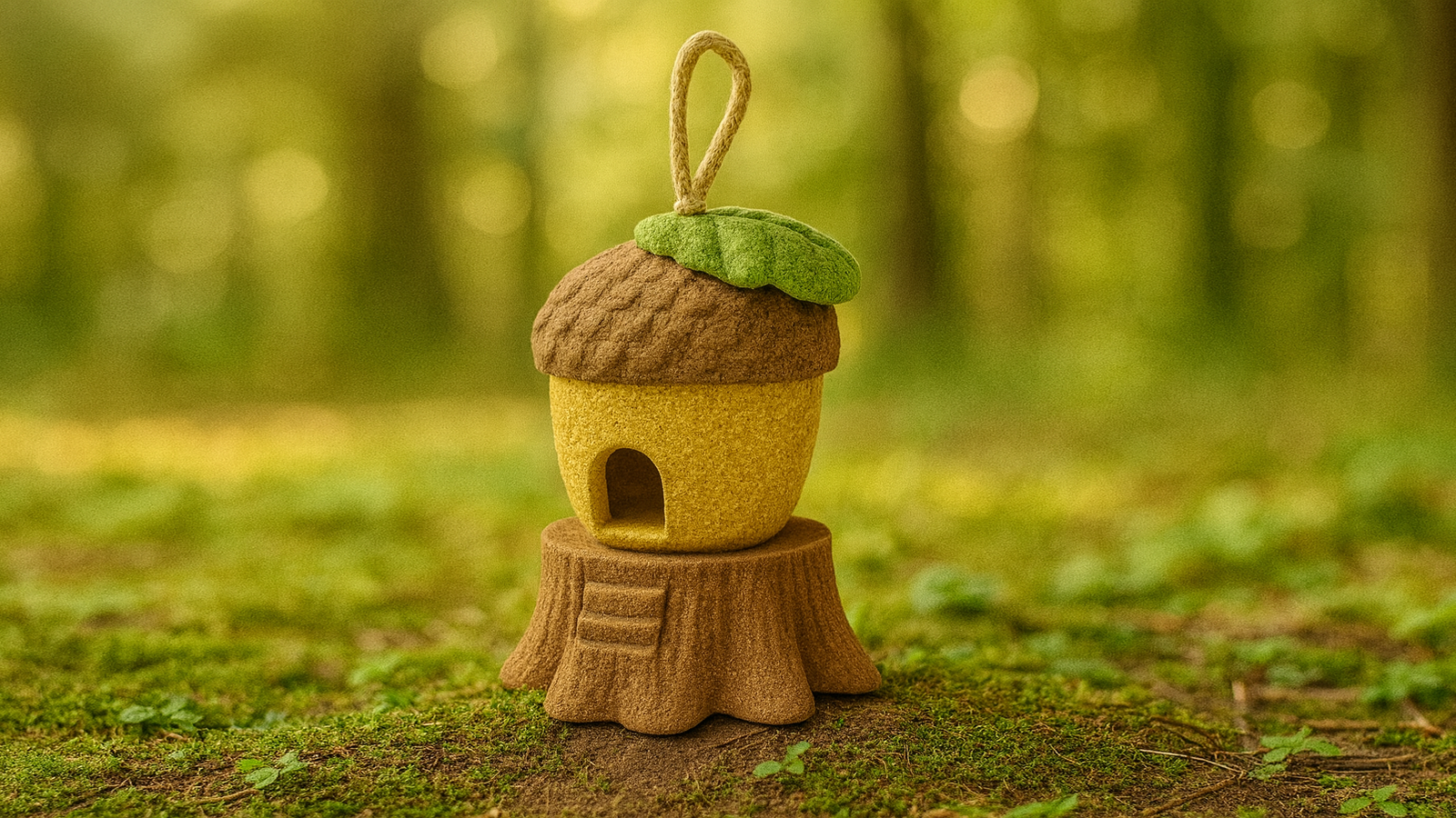 Acorn-tree-house enrichment product in a woodland habitat scene