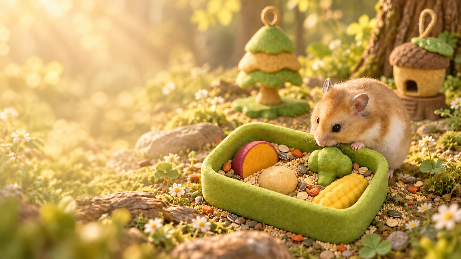 Hamster at a bento-shaped enrichment feeder in a golden forest scene