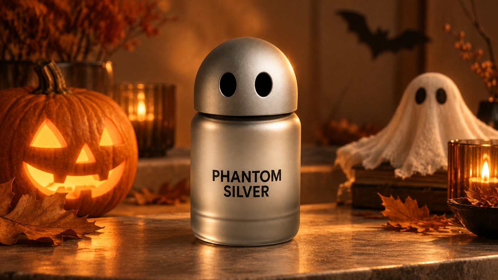 PHANTOM SILVER car and home fragrance in a warm phantom-themed setting