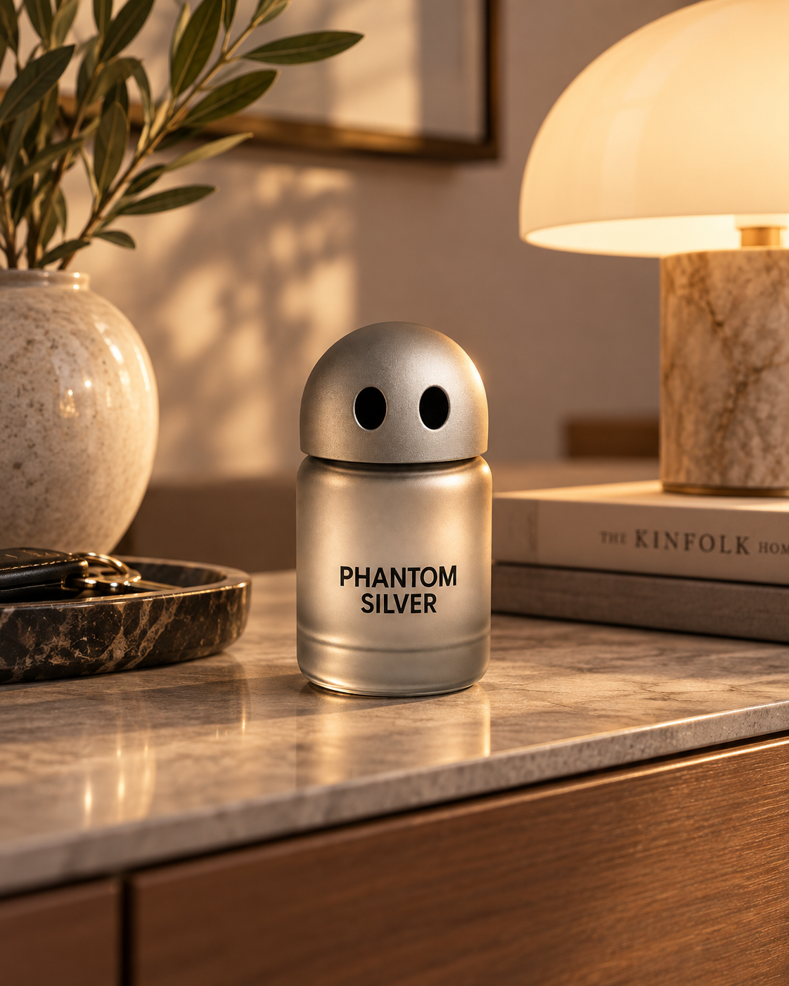 PHANTOM SILVER fragrance object in a warm home interior