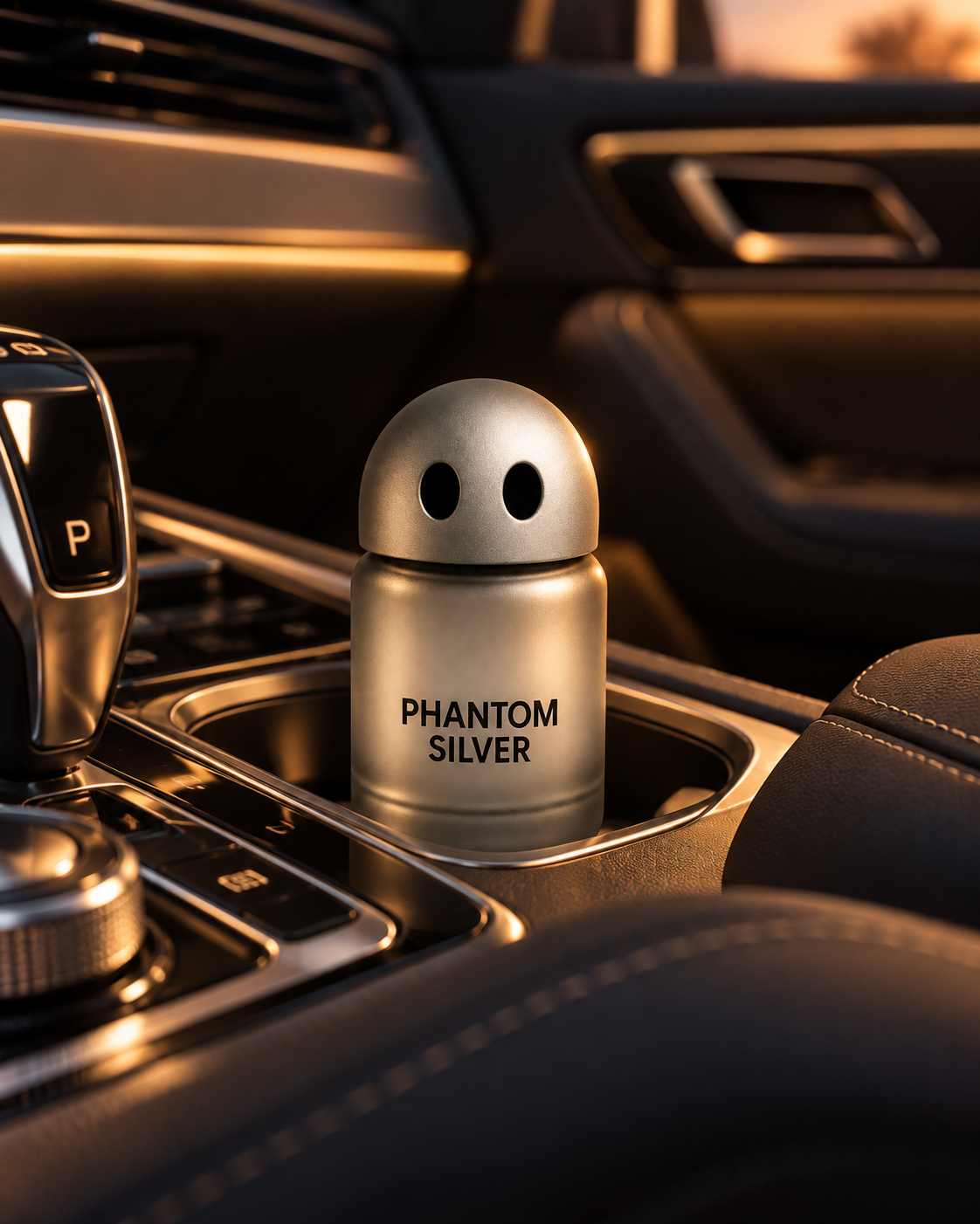 PHANTOM SILVER fragrance object in a vehicle center console