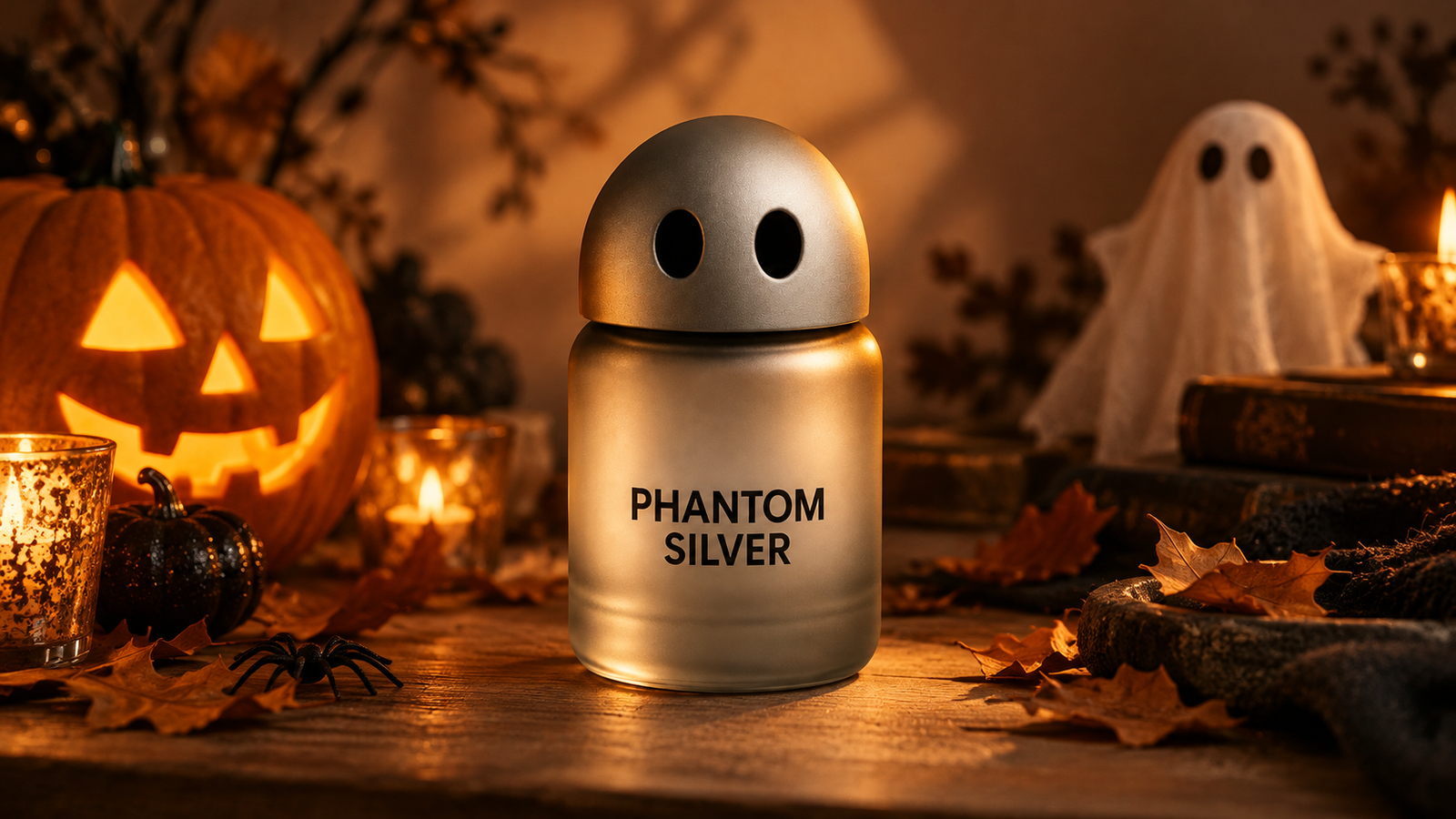 PHANTOM SILVER fragrance object in a warm atmospheric phantom-themed still life