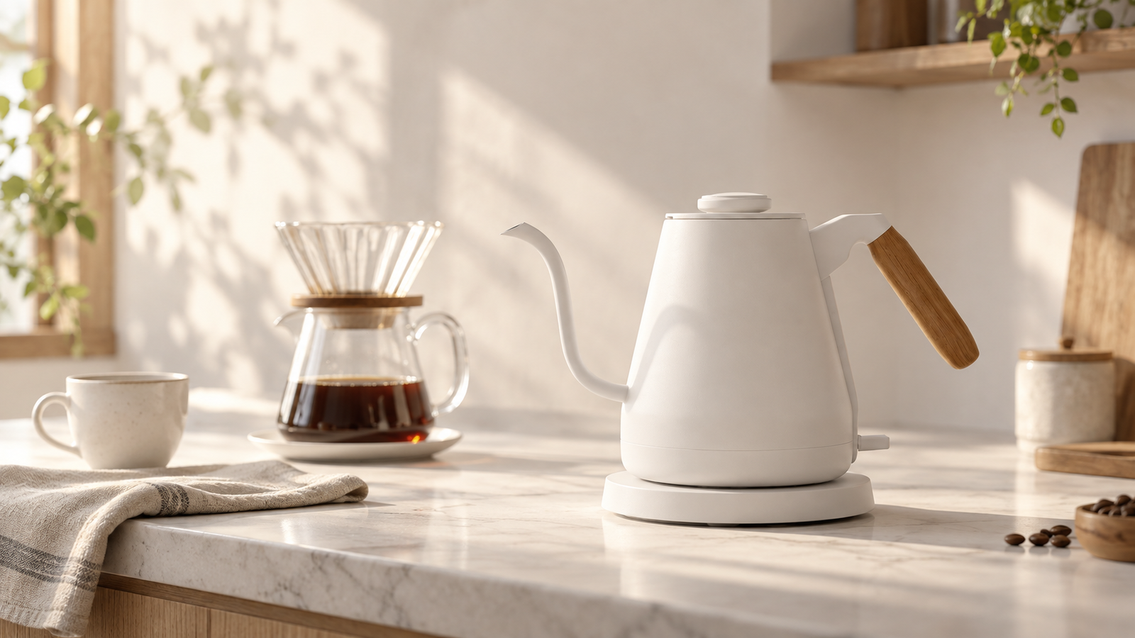 White pour-over kettle in a warm sunlit kitchen