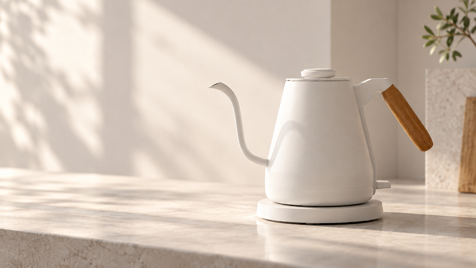White gooseneck kettle showing its tapered body and beech handle