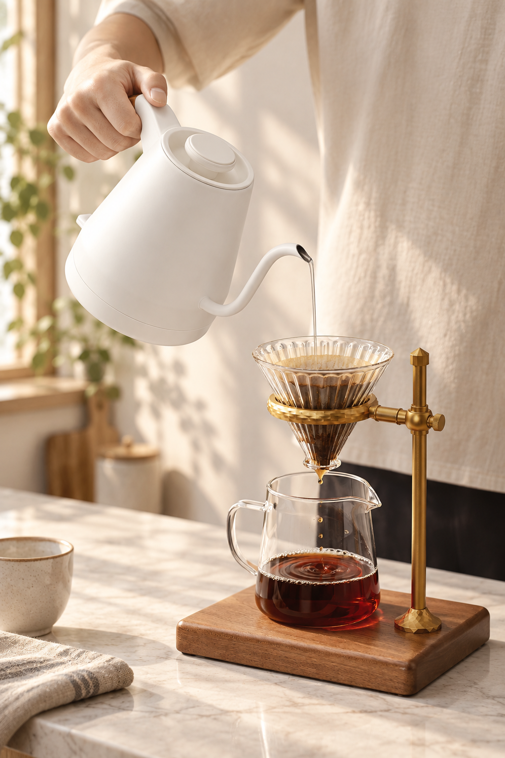 Pour-over kettle creating a controlled stream over coffee