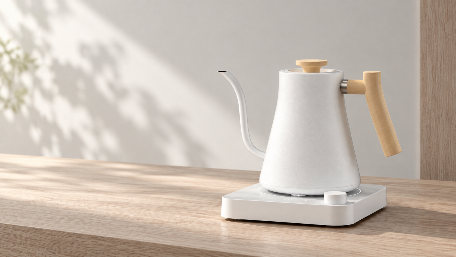 Precision pour-over kettle in a warm minimal brewing setting