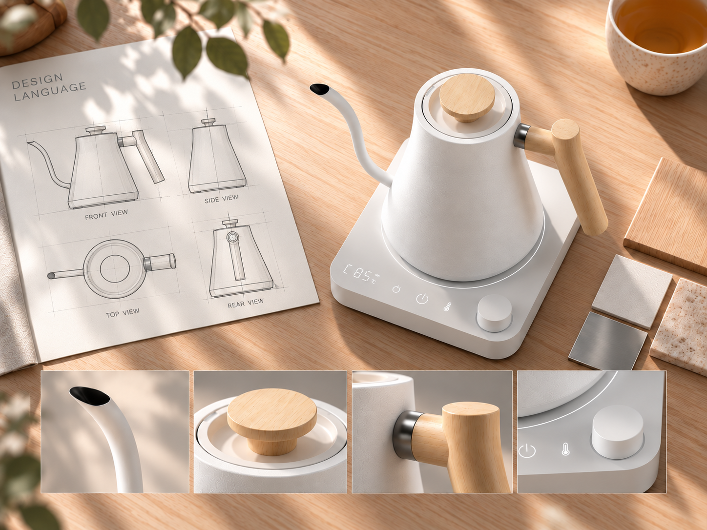 Orthographic composition showing the kettle design language