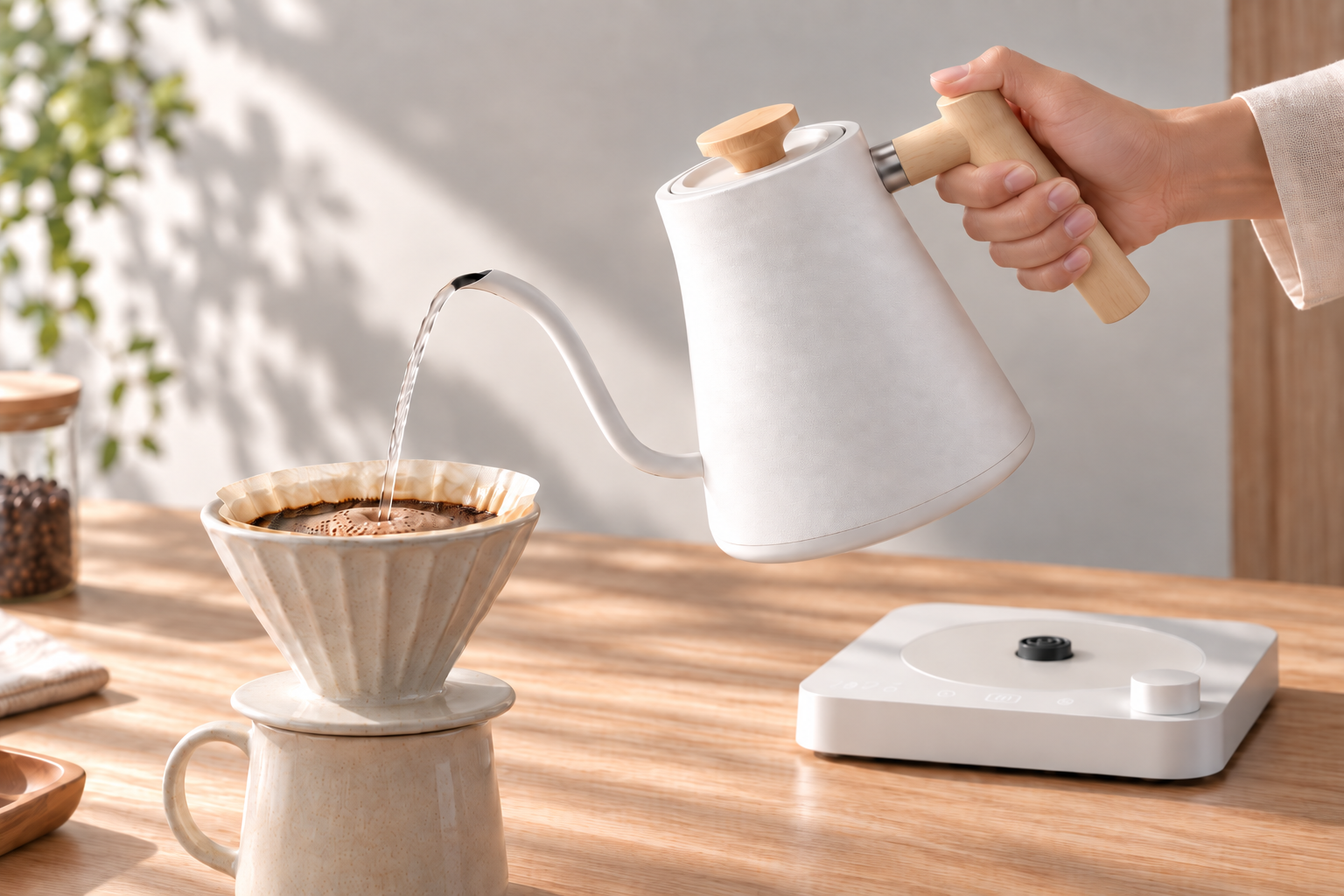 Hand using the precision kettle for pour-over coffee