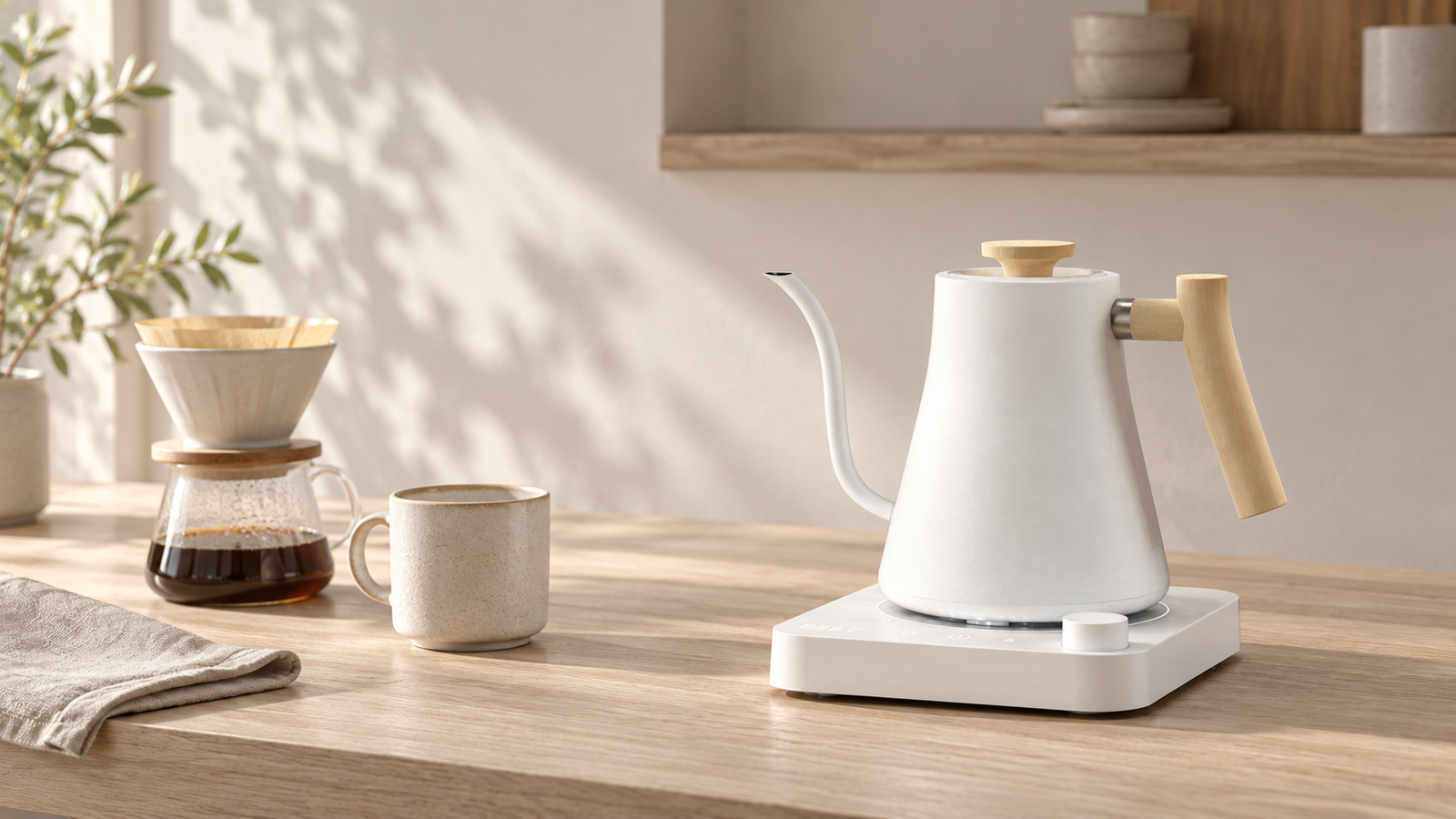 Precision kettle in a calm coffee-brewing lifestyle setting