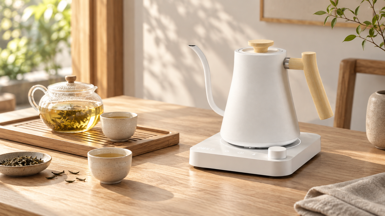 Precision kettle in a quiet tea-brewing lifestyle setting