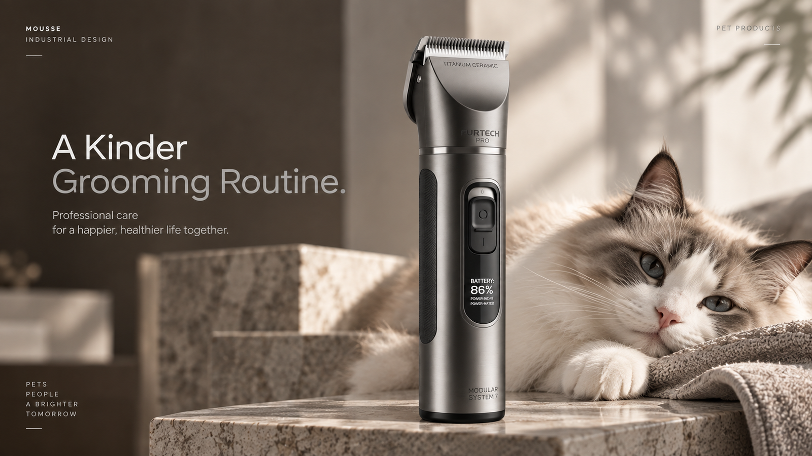 Pet grooming system in a home setting beside a cat