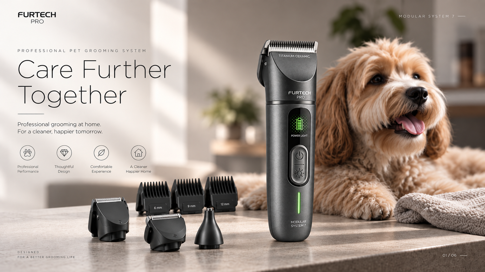 Professional modular pet grooming system with grooming attachments beside a dog in a home setting.
