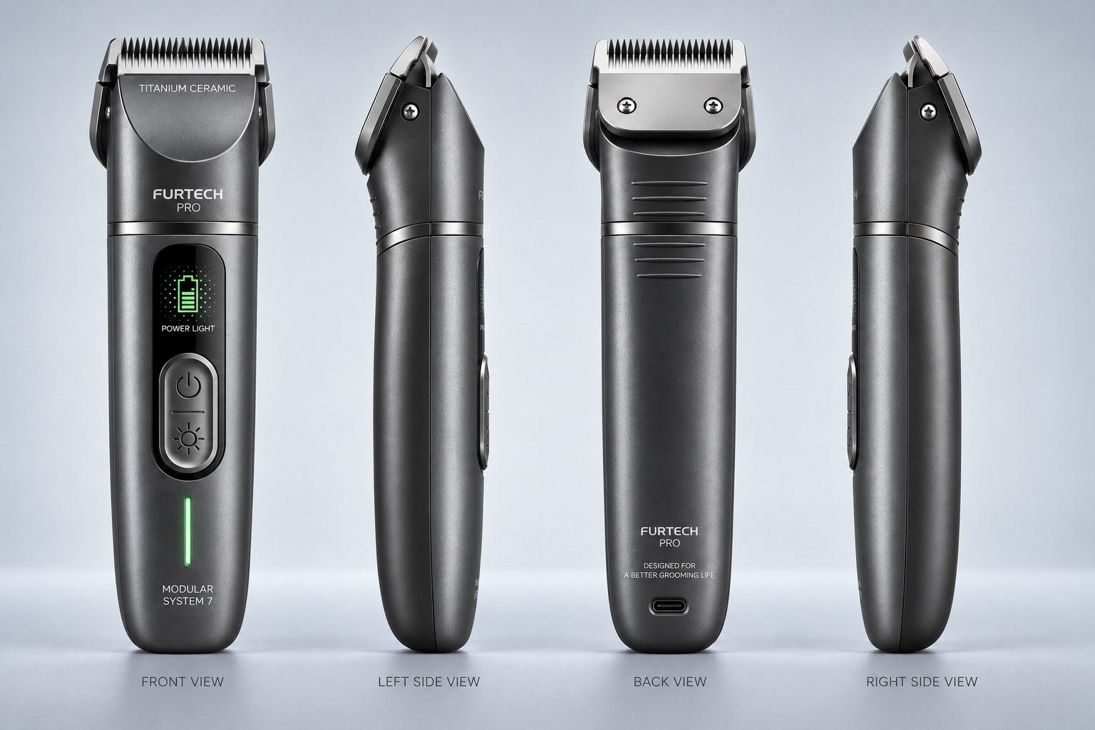 Front, left side, back and right side views of the professional modular pet grooming system.
