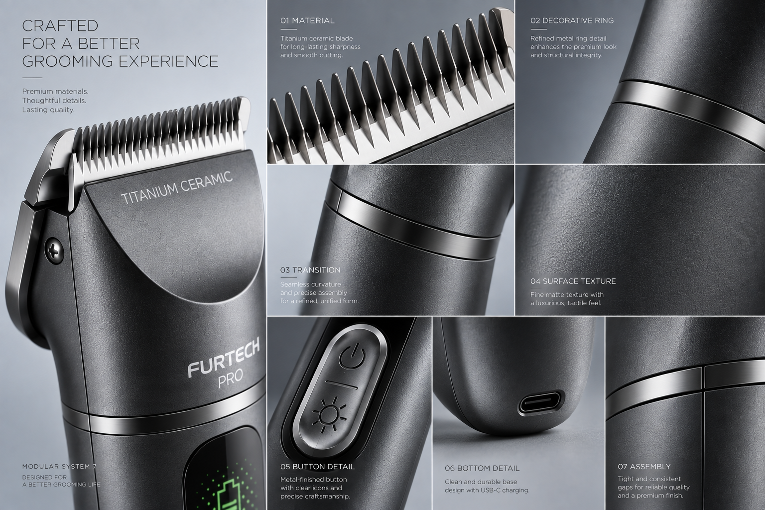 Close-up industrial design details including blade, decorative ring, surface texture, controls and assembly.