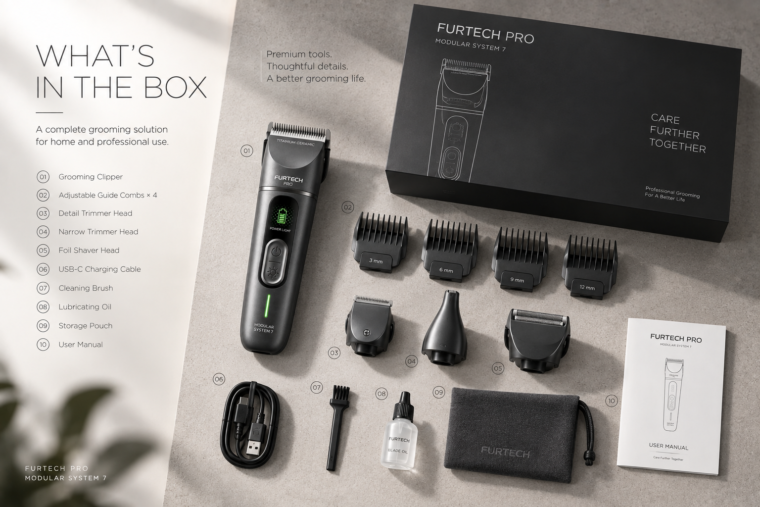 Professional modular grooming clipper with interchangeable heads, guide combs and care accessories.