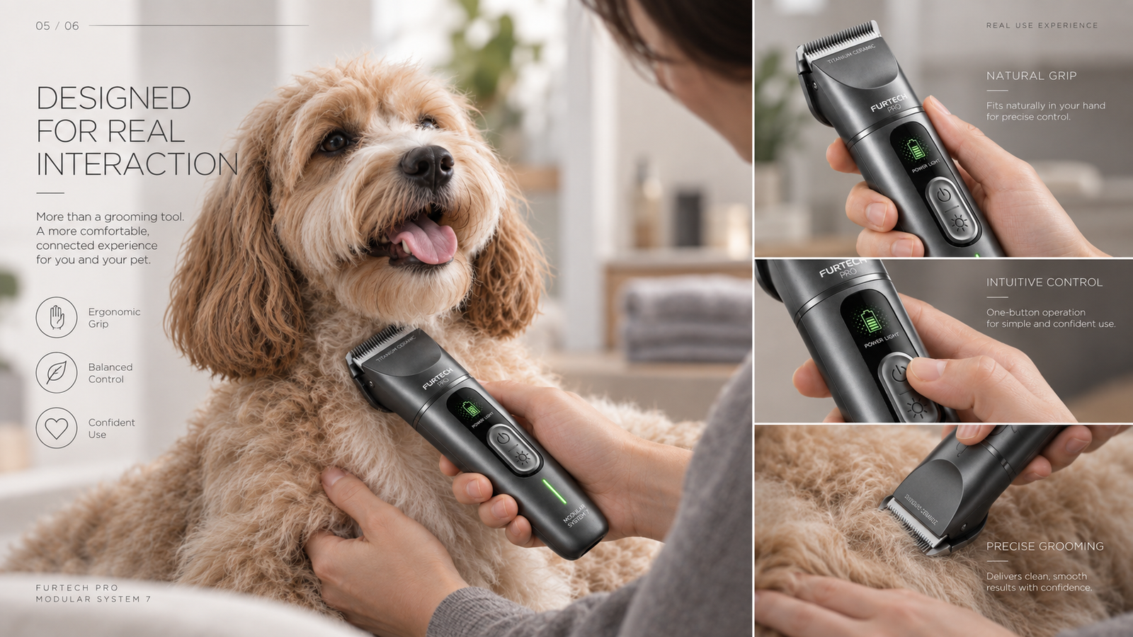Grooming clipper used naturally by hand on a pet with close-up interaction details.