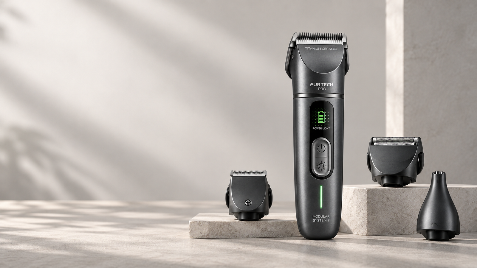 Graphite grooming clipper and interchangeable grooming modules in a minimal premium studio setting.