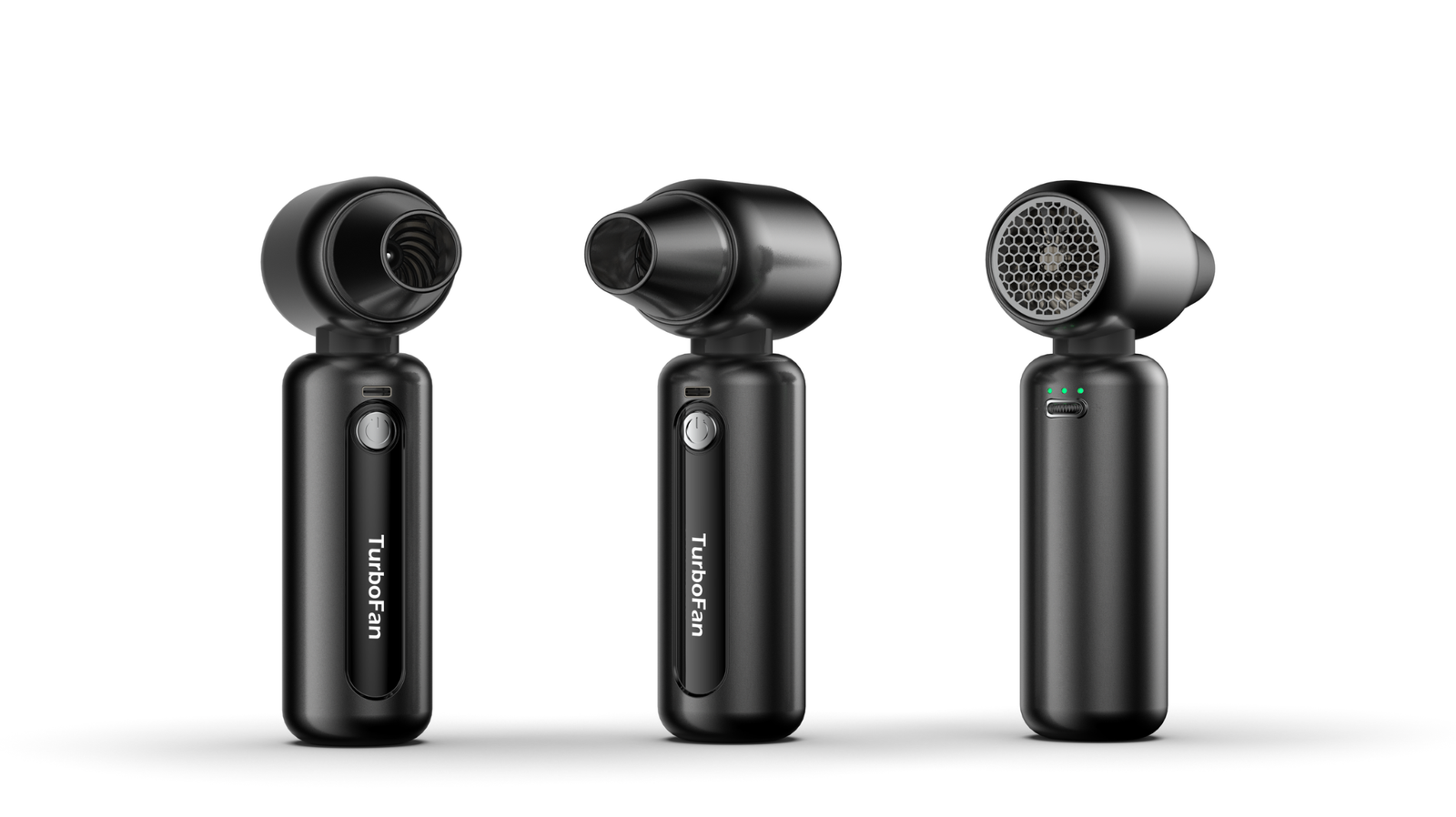 Three views of the TurboFan handheld fan