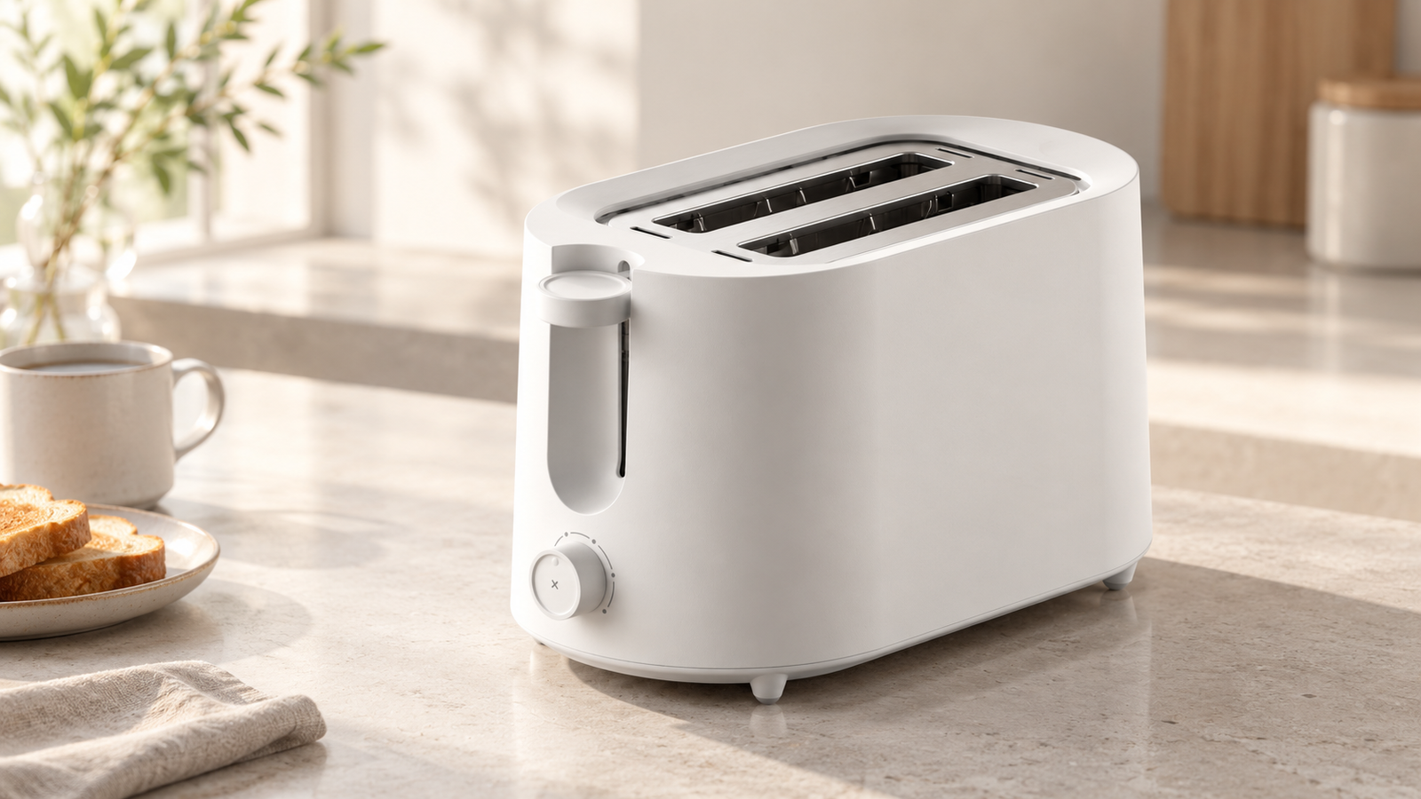 Two-slot toaster in a calm morning kitchen setting