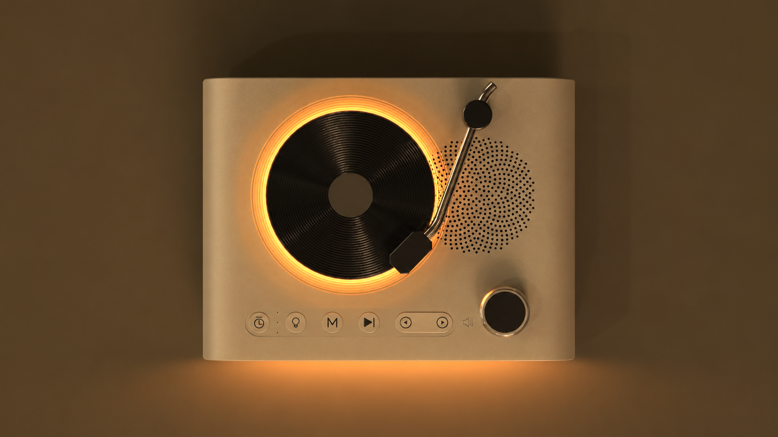 Top view of the turntable, speaker, controls and lighting layout
