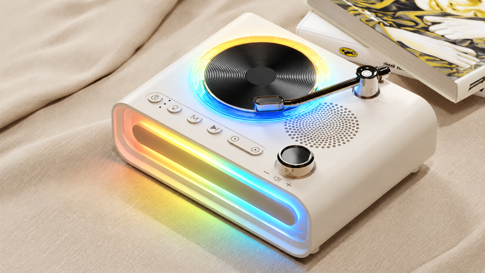 Vinyl Ambient Speaker showing a vivid multicolor lighting state